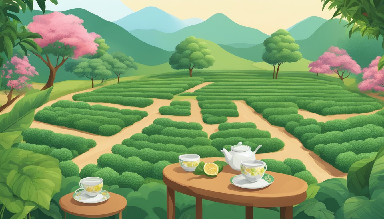 A serene tea garden with lush greenery and healthy breast-shaped fruits on display, surrounded by informative signs debunking myths