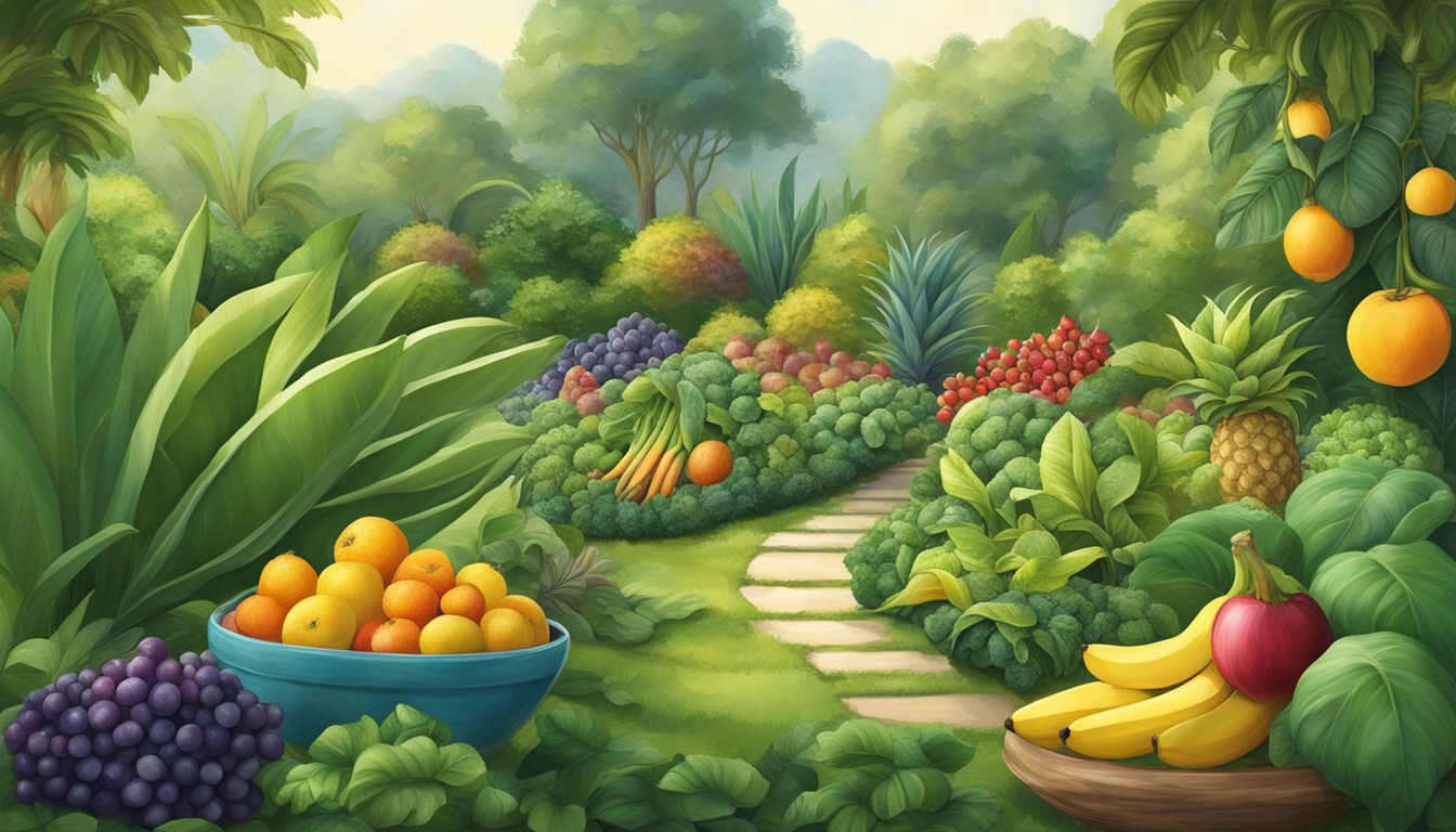 A lush garden with vibrant fruits and vegetables, including bananas, pineapples, and spinach, surrounded by a serene, calming atmosphere