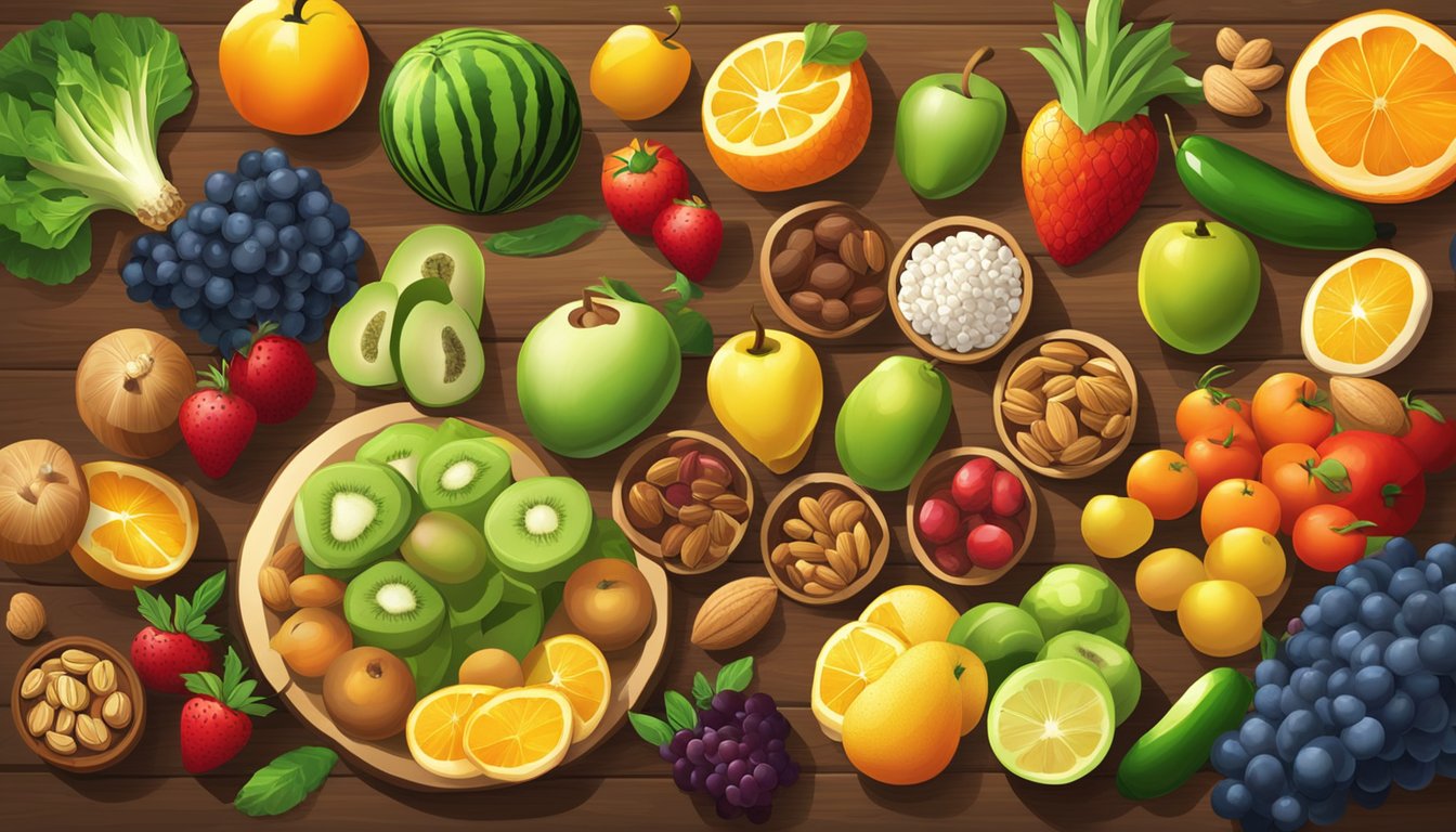 A colorful array of fruits, vegetables, and nuts spread out on a wooden table, with a beam of sunlight shining down, highlighting their natural beauty and freshness