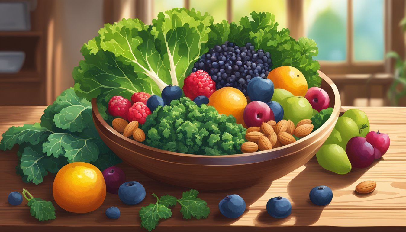 A vibrant, overflowing bowl of assorted kale leaves, colorful fruits, and nuts arranged on a wooden table. Sunlight streams in, highlighting the fresh, nutrient-rich ingredients