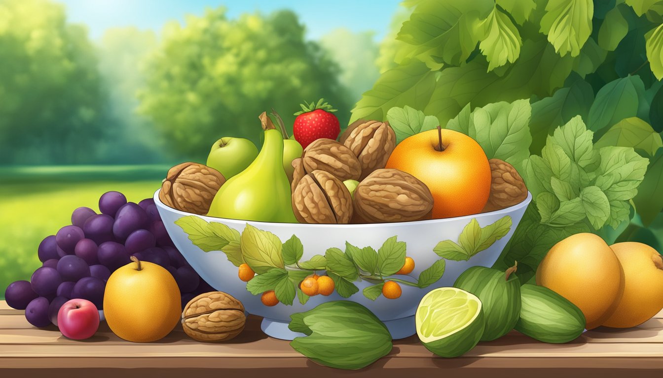 A bowl of walnuts surrounded by vibrant fruits and vegetables, with a background of a serene and sunny outdoor setting