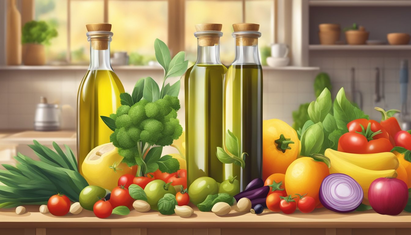 A bottle of olive oil surrounded by colorful vegetables and fruits, with a background of a sunny kitchen