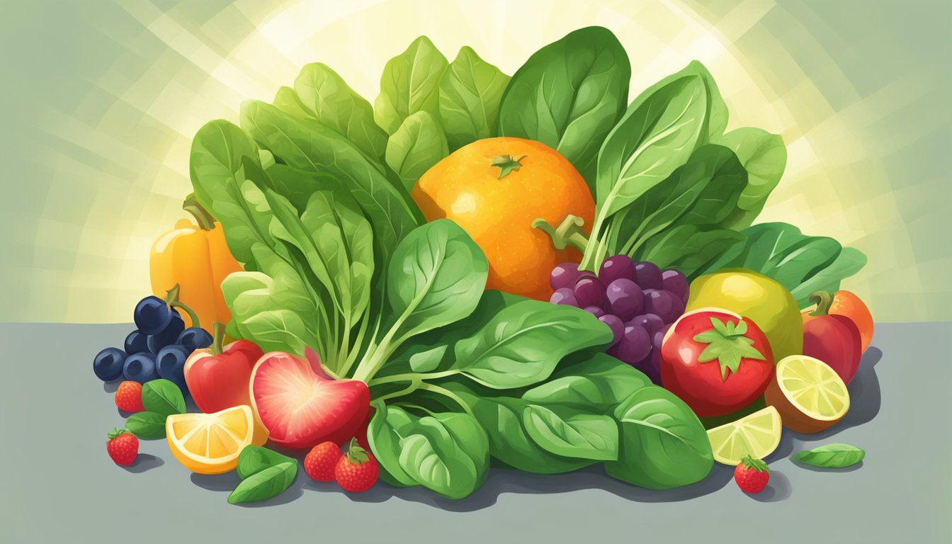 A vibrant bunch of spinach leaves surrounded by colorful fruits and vegetables, with rays of sunlight shining down on them