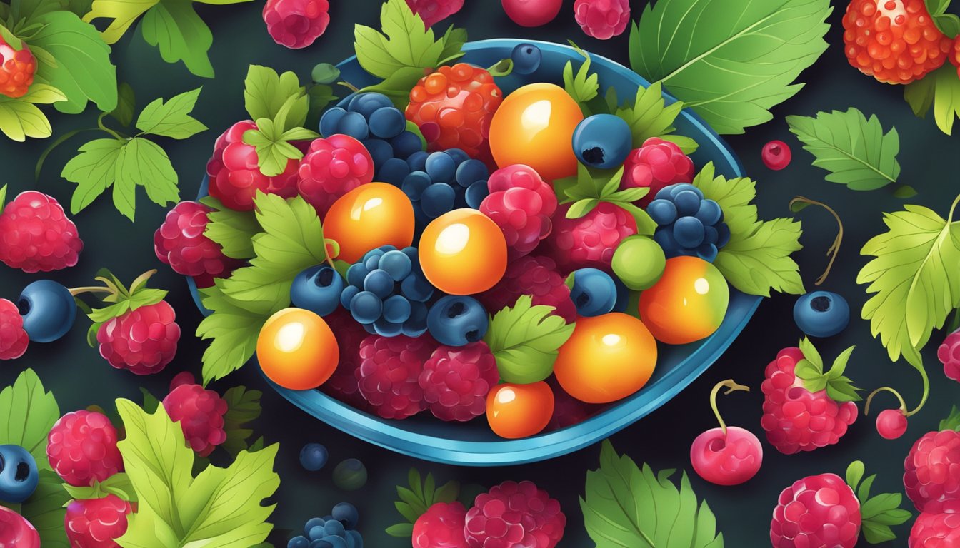 A bowl of colorful berries surrounded by leaves and vines, with a focus on the vibrant colors and juicy textures