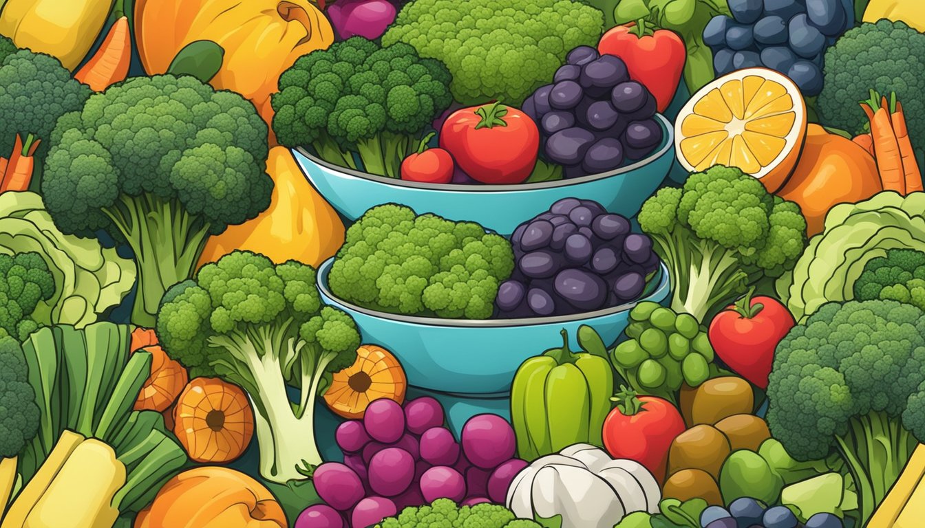 A bowl of steamed broccoli surrounded by colorful fruits and vegetables on a table