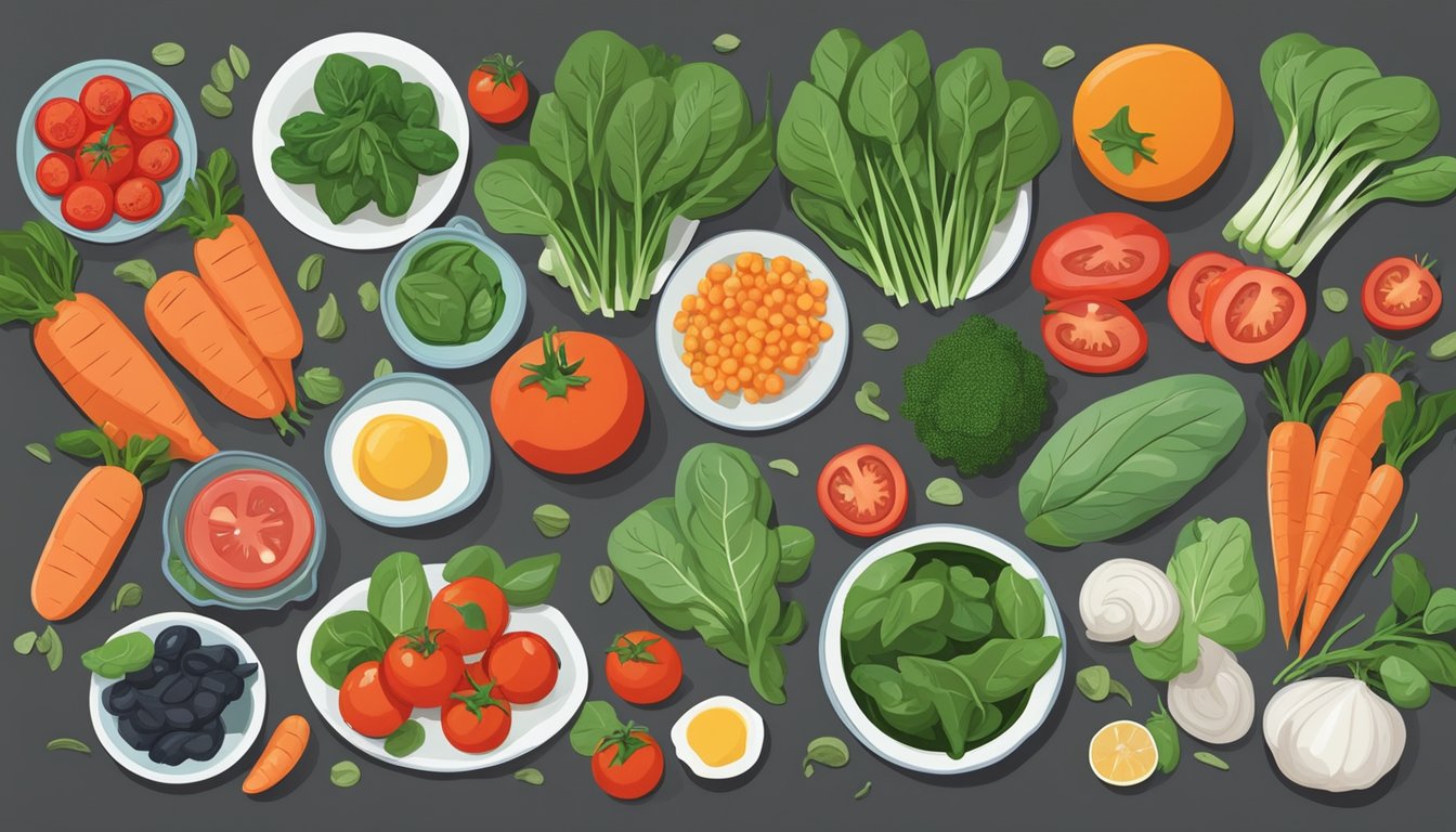 A colorful array of fresh spinach, tomatoes, carrots, and other nutrient-rich foods arranged on a table, ready to be prepared into nourishing meals for cancer patients