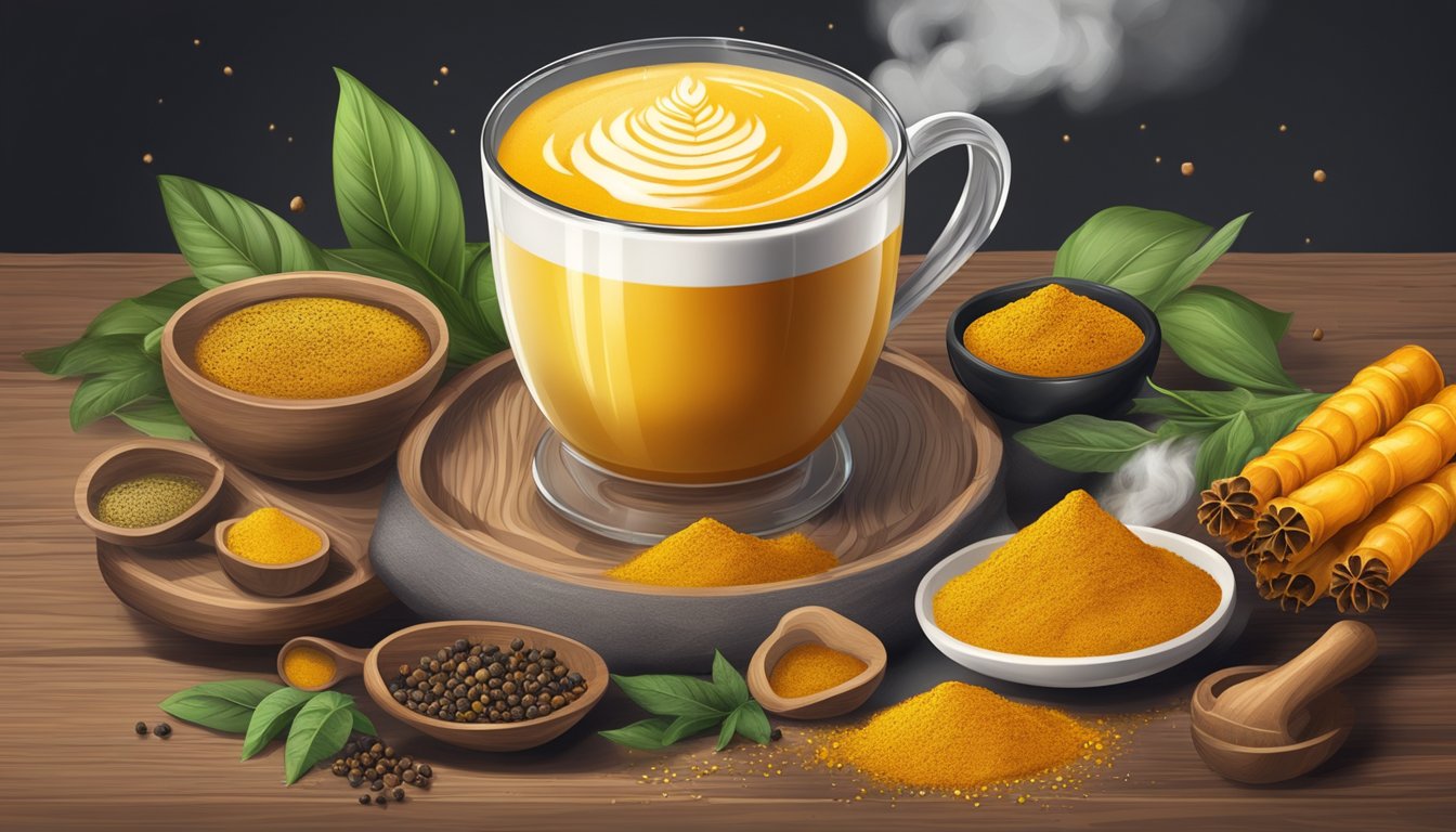 A steaming turmeric latte with black pepper sits on a wooden table, surrounded by vibrant ingredients like turmeric and black pepper, suggesting healing and nourishment for skin repair