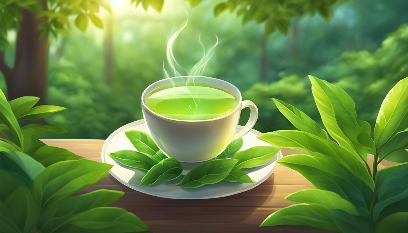 A lush green tea plant surrounded by vibrant leaves, with sunlight filtering through the foliage