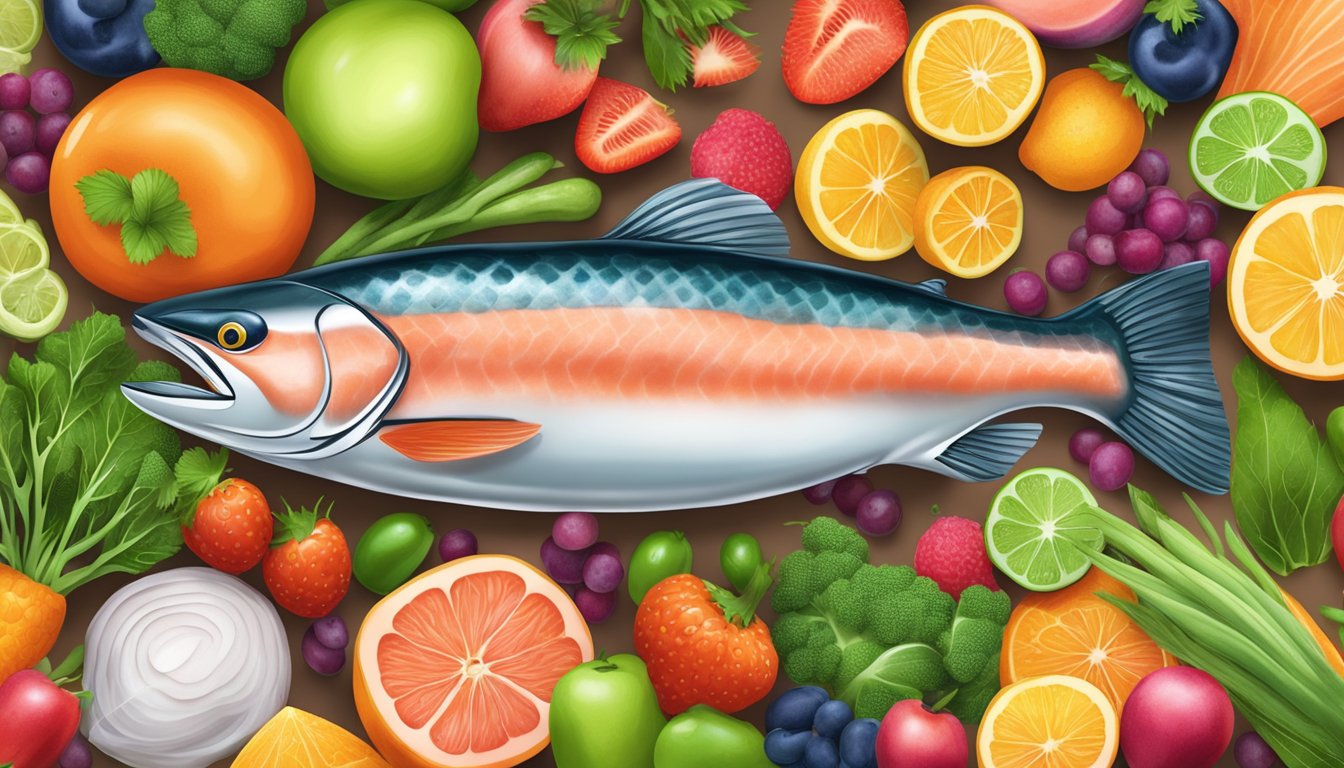 A vibrant salmon fillet surrounded by colorful fruits and vegetables, symbolizing healing and nourishment for skin repair