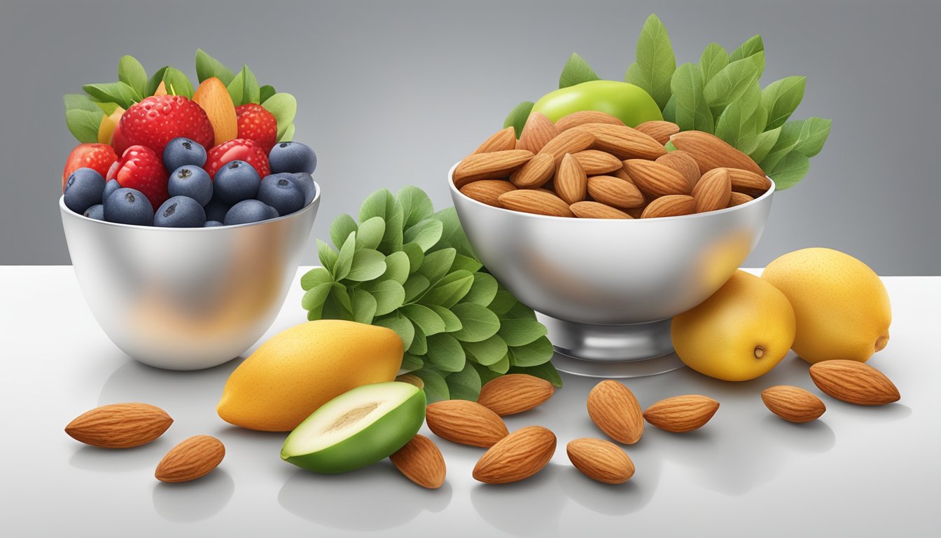 A bowl of almonds, surrounded by fresh fruits and vegetables, on a clean, white table