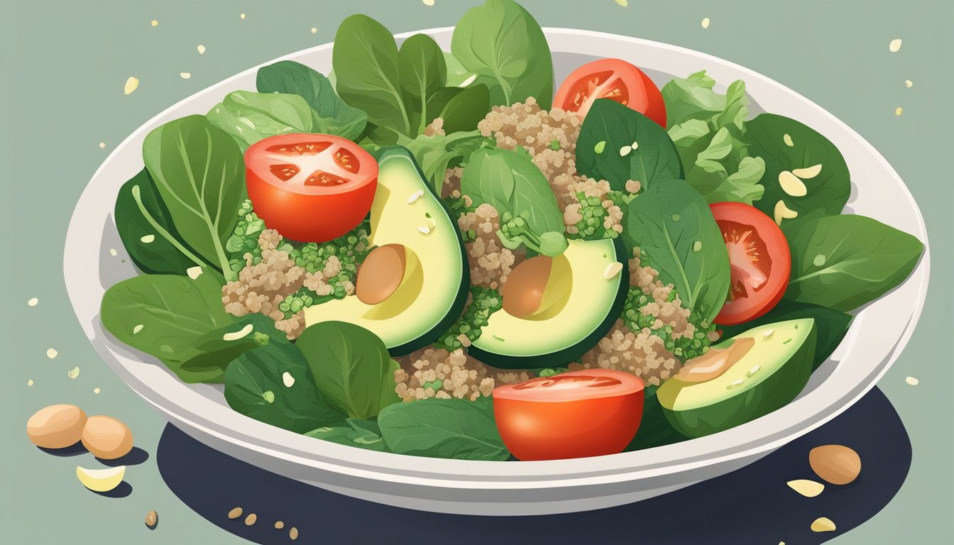 A vibrant bowl of spinach salad with quinoa, surrounded by fresh ingredients like tomatoes, cucumbers, and avocado