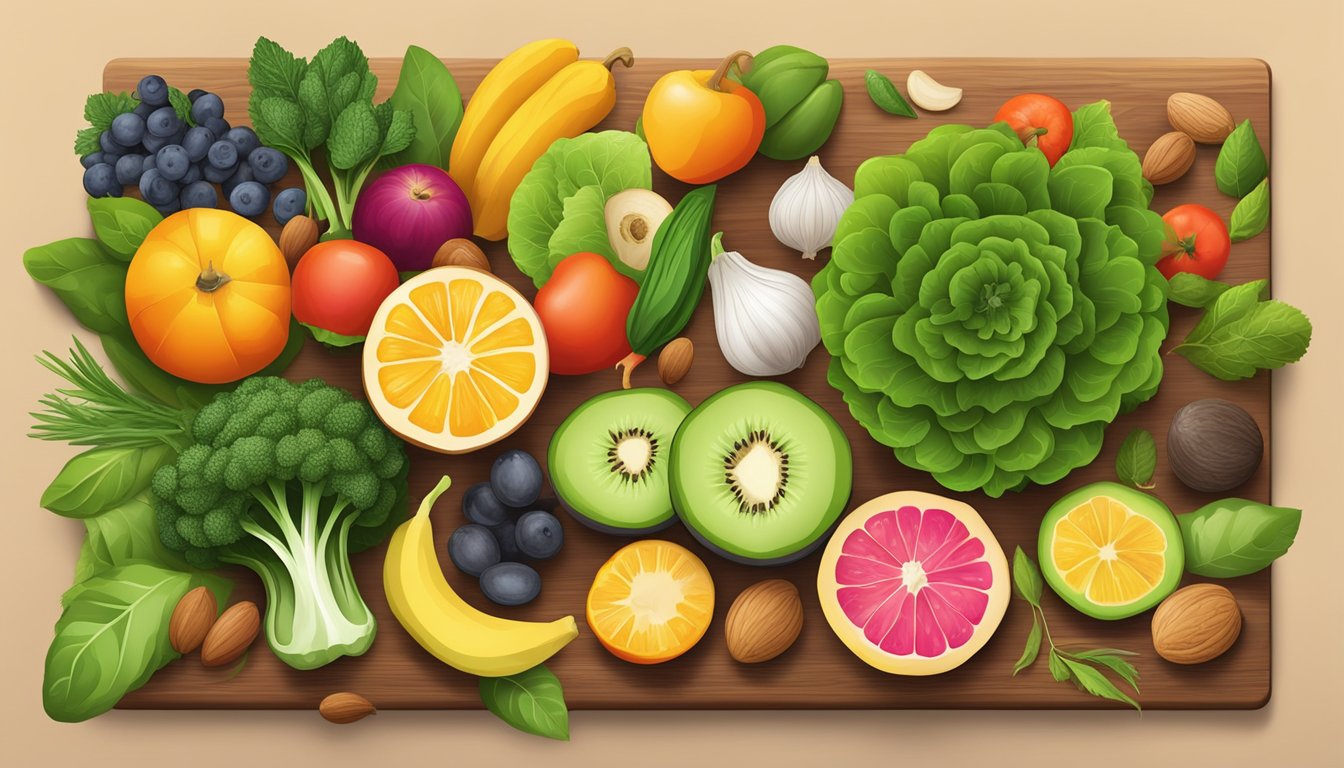 A colorful array of fresh fruits and vegetables, nuts, and seeds arranged on a wooden cutting board, surrounded by vibrant green leaves and herbs