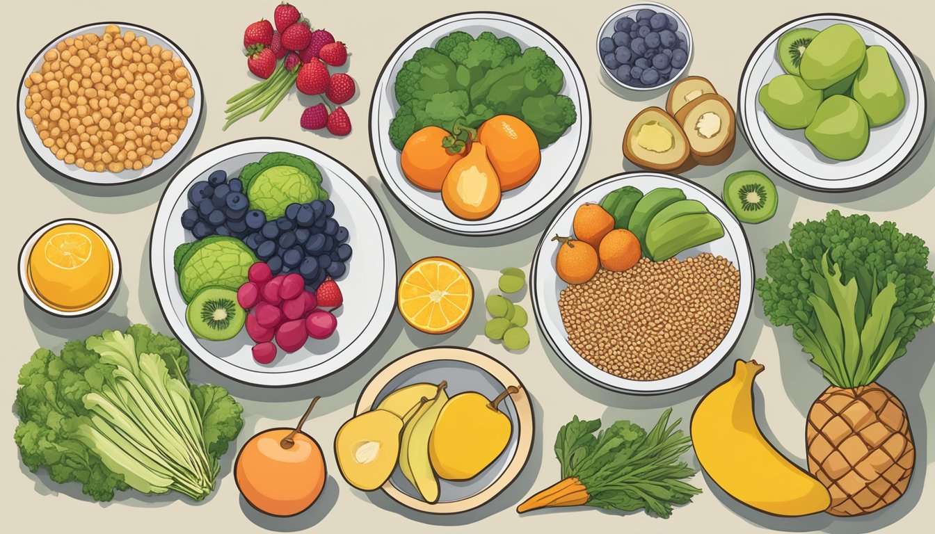 A colorful array of fruits, vegetables, whole grains, and lean proteins arranged on a plate, representing a balanced meal for cancer patients