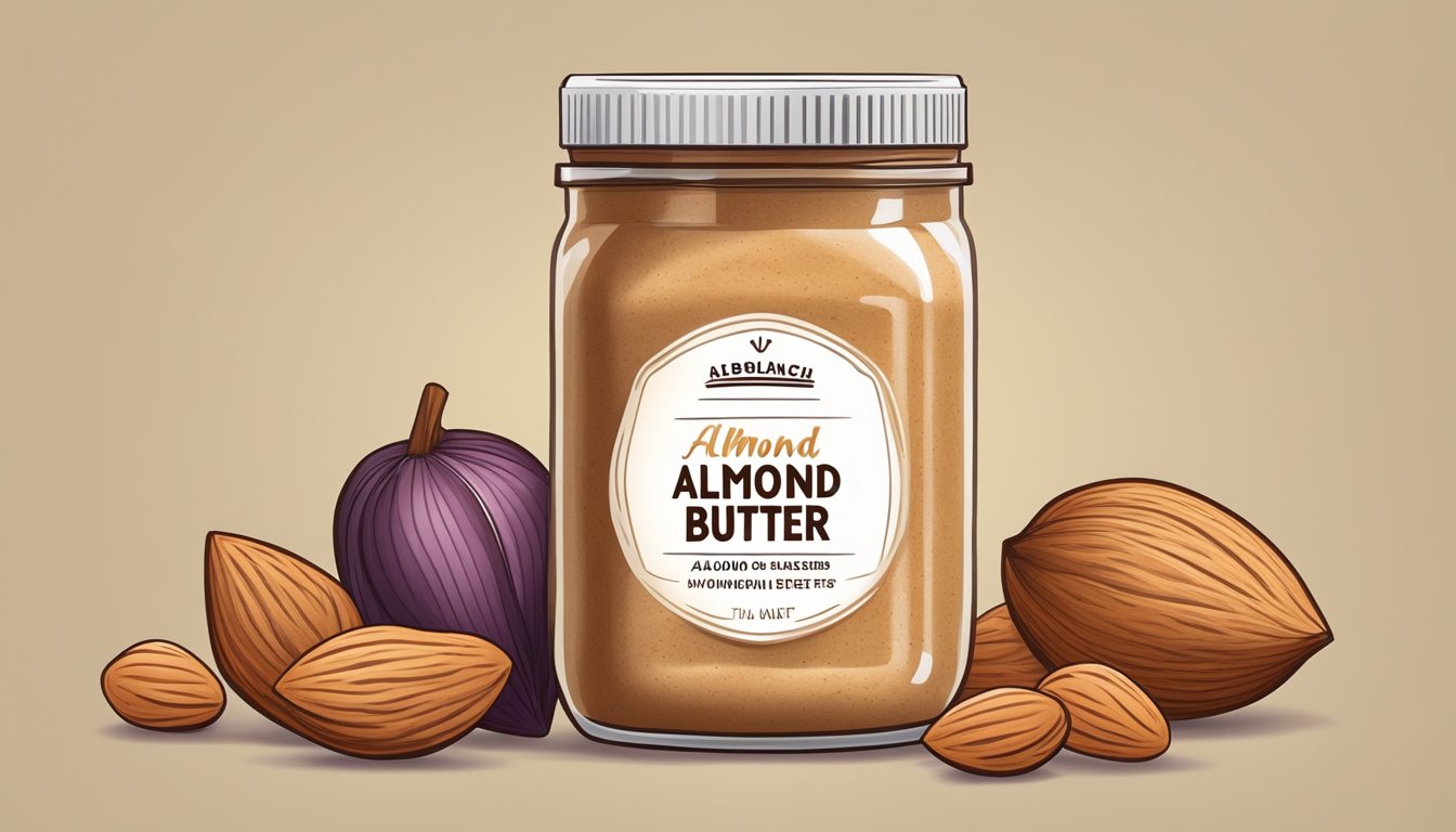 A jar of almond butter surrounded by a variety of nutrient-dense foods, such as nuts, seeds, and fruits, arranged in a balanced and appealing manner