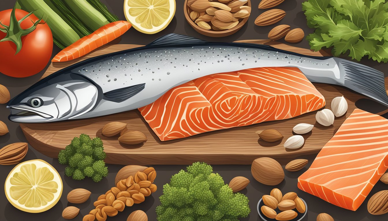 A variety of salmon, nuts, and vegetables arranged on a wooden cutting board