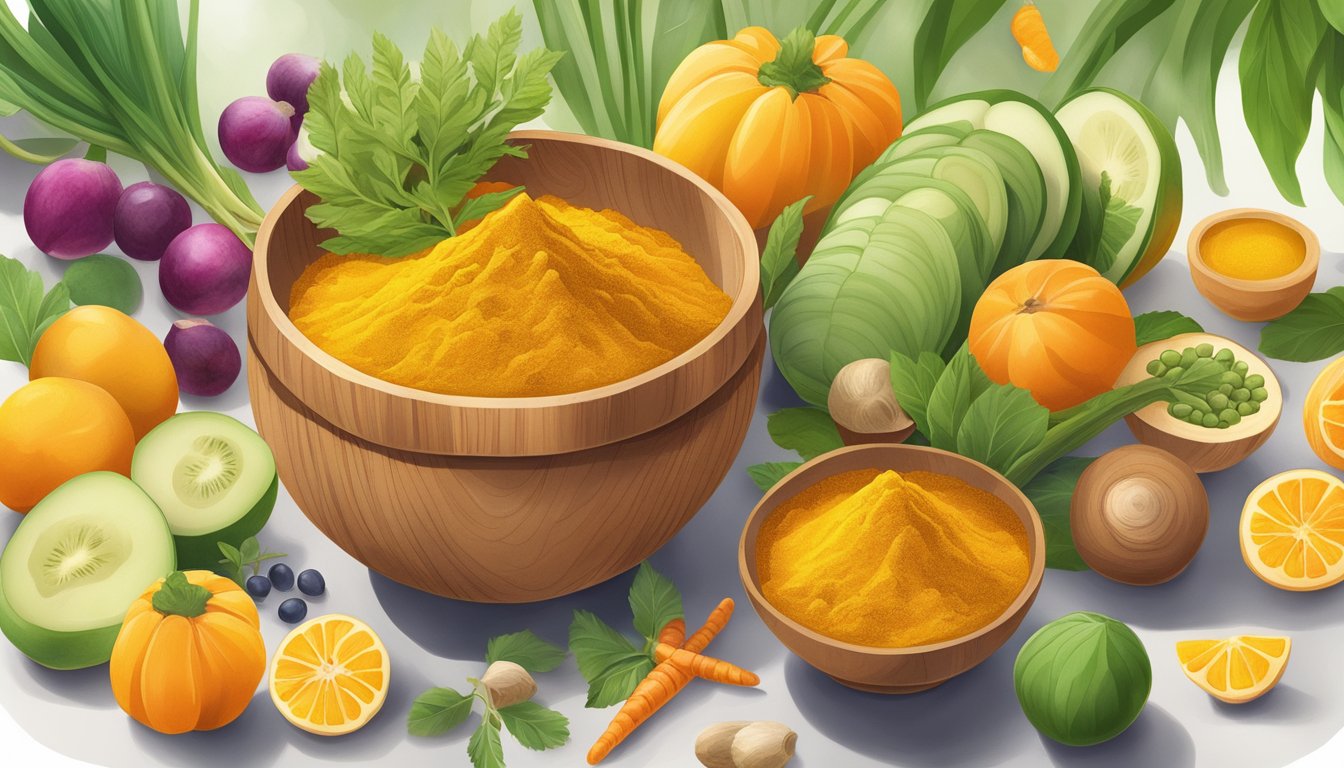 A vibrant bowl of turmeric-infused ingredients surrounded by fresh fruits and vegetables, radiating energy and vitality