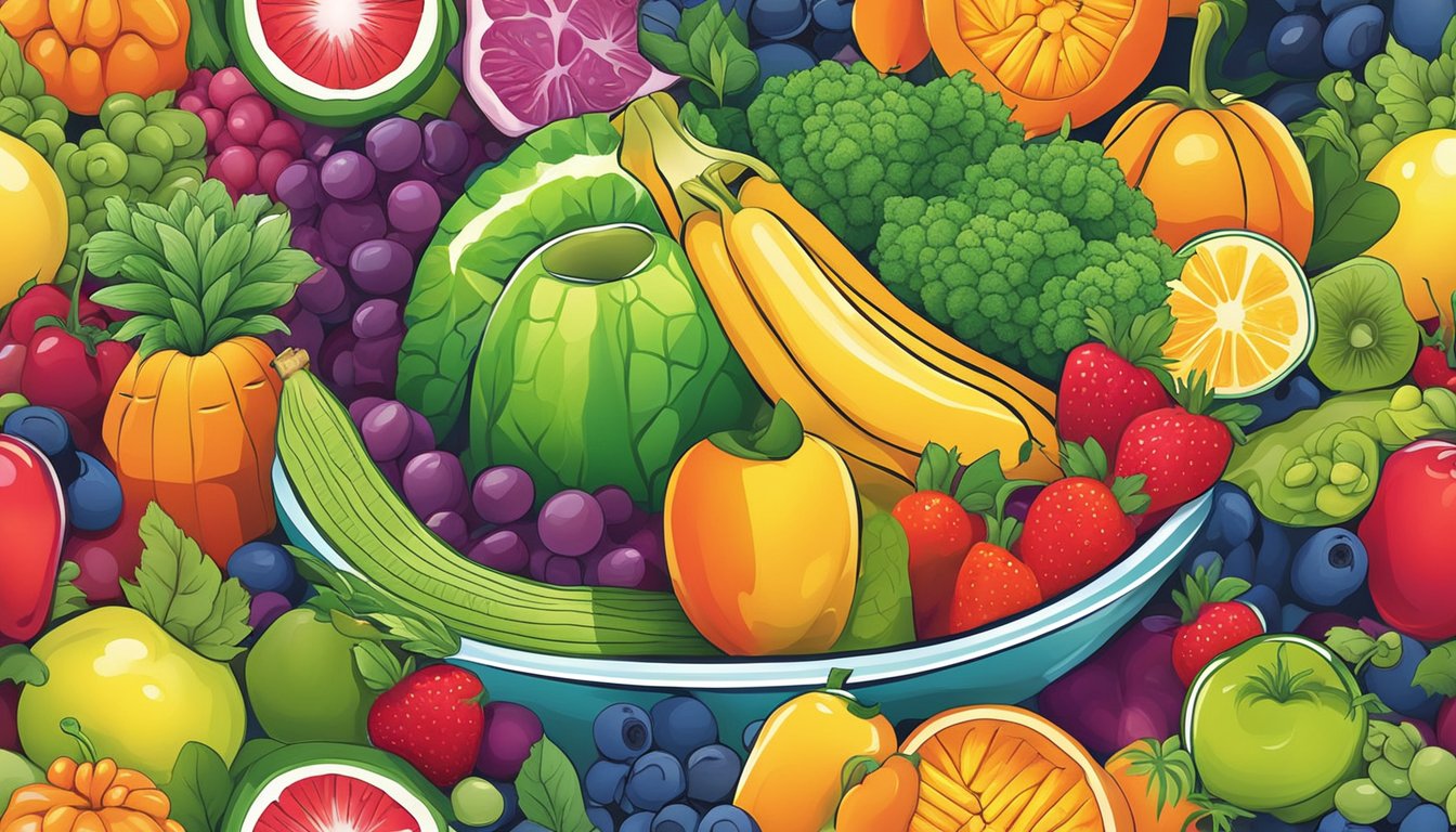 A vibrant bowl of colorful fruits and vegetables surrounded by glowing energy