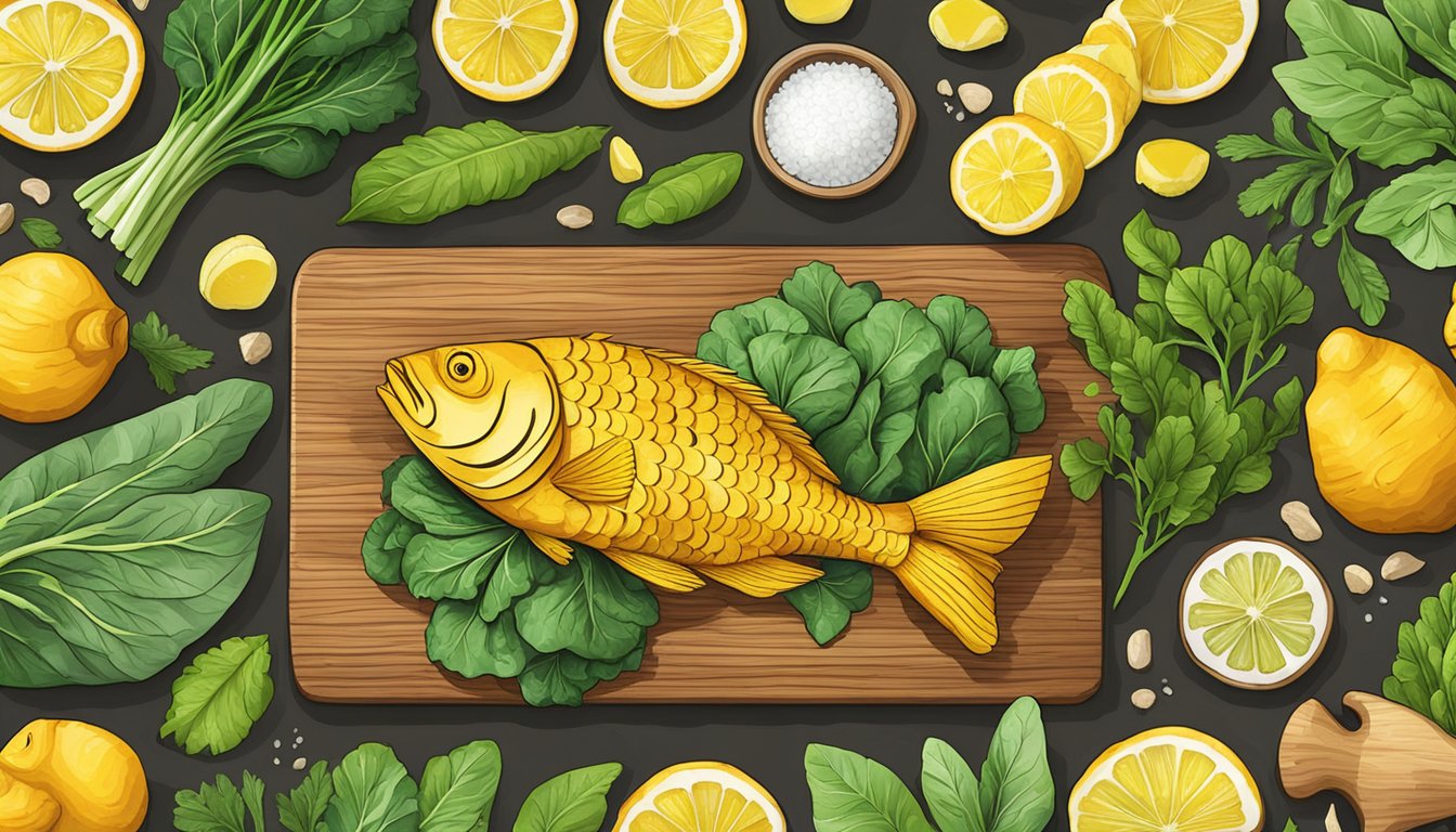 A colorful array of fresh ginger, turmeric, leafy greens, and fish arranged on a wooden cutting board