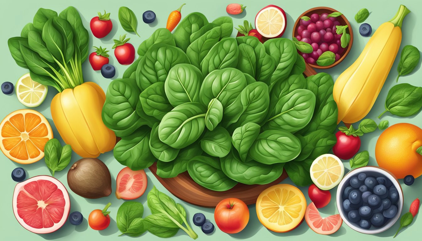 A colorful array of fresh spinach leaves surrounded by vibrant fruits and vegetables, with a focus on joint-friendly foods