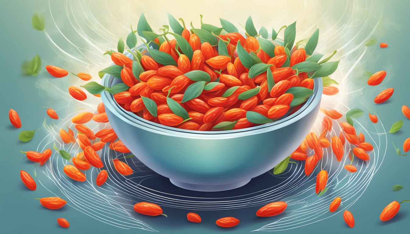 A bowl of vibrant goji berries surrounded by flowing energy lines