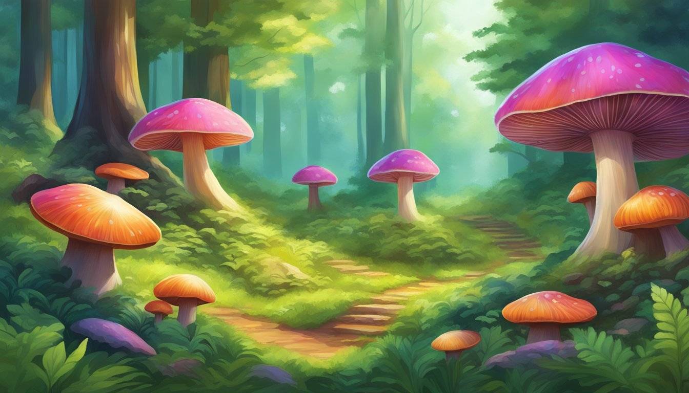 A serene forest glade, with vibrant reishi mushrooms growing among lush greenery, emanating a sense of vitality and energy flow