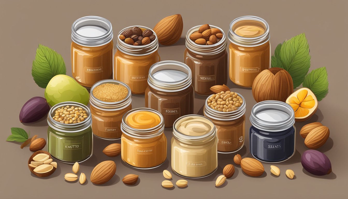 A variety of nut butter jars surrounded by fresh nuts, seeds, and fruits on a wooden table