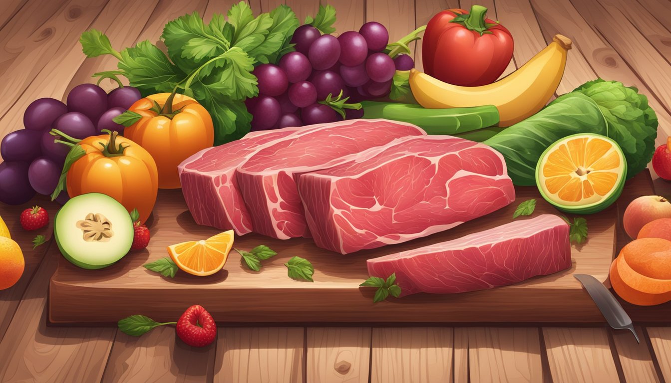 A variety of lean beef cuts surrounded by colorful fruits and vegetables on a wooden cutting board