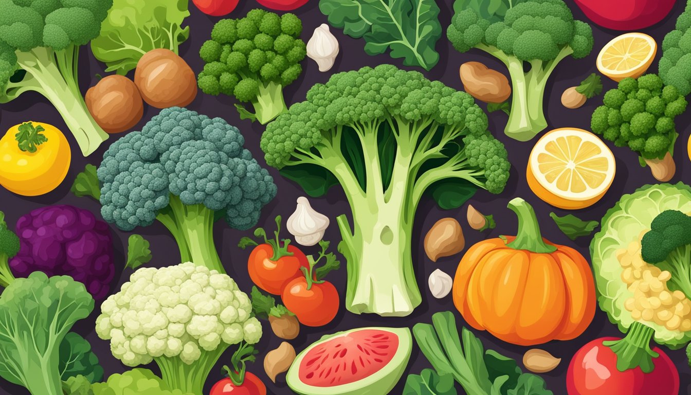 A colorful array of fresh broccoli, surrounded by other nutrient-rich foods, with a focus on promoting joint health and mobility during menopause