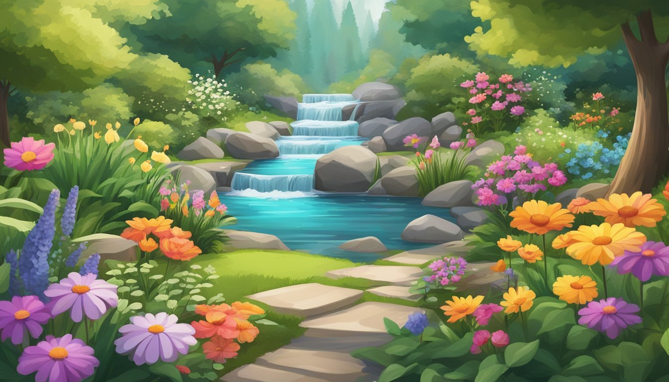 A serene garden with a flowing stream, surrounded by vibrant greenery and colorful flowers. A bowl of nourishing, energy-boosting foods sits on a wooden table