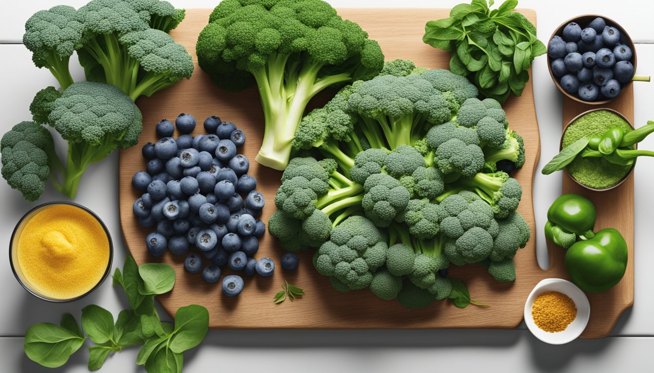 A vibrant assortment of broccoli, spinach, and blueberries arranged on a wooden cutting board, surrounded by a variety of fresh herbs and spices