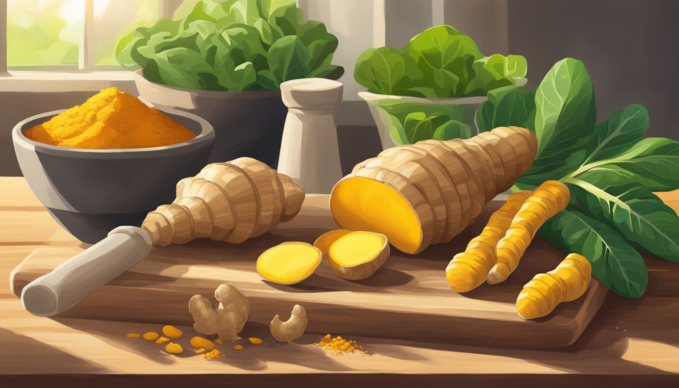 Fresh ginger, turmeric, and leafy greens arranged on a wooden cutting board with a mortar and pestle. Sunlight streams through a nearby window, casting a warm glow on the vibrant ingredients