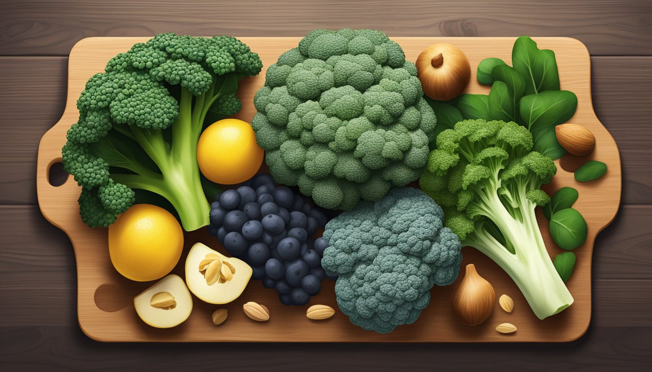 A vibrant assortment of kale, spinach, and broccoli arranged on a wooden cutting board, surrounded by fresh fruits and nuts