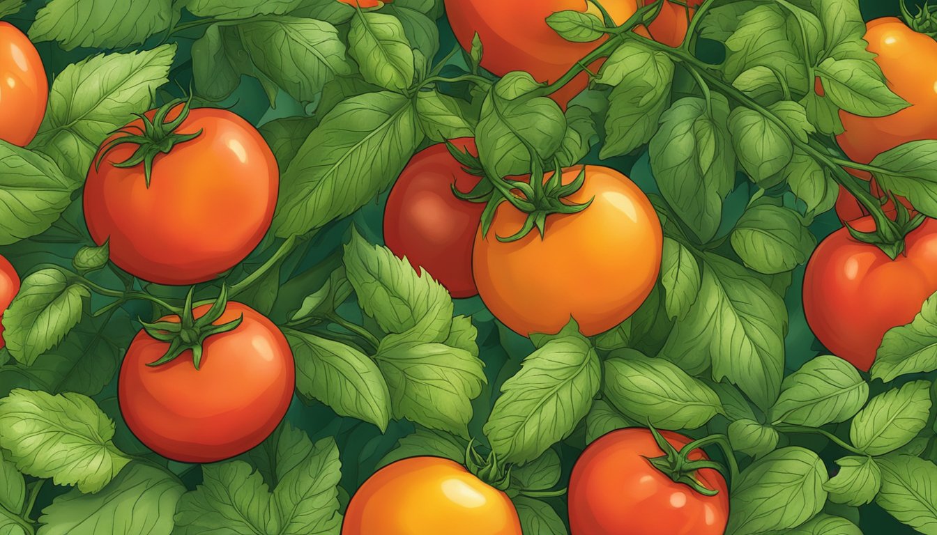 A vibrant pile of ripe tomatoes surrounded by green leaves and vines