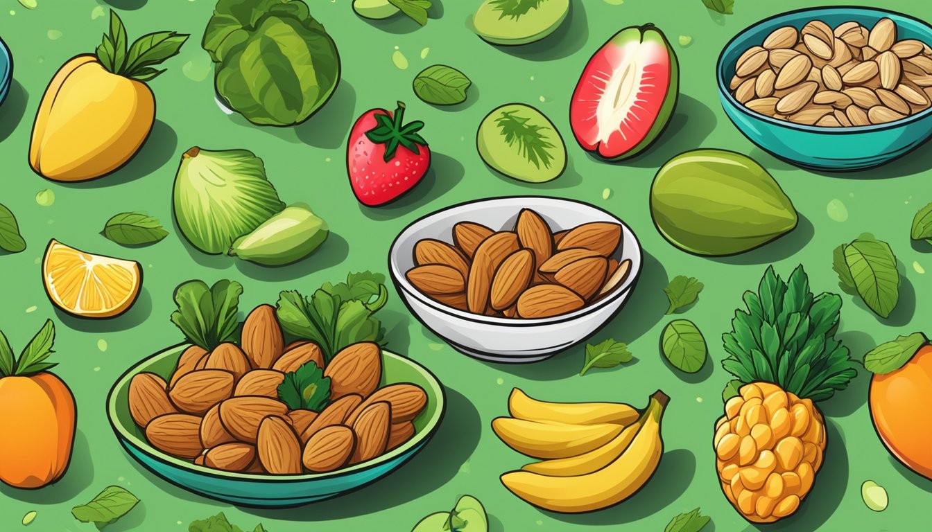 A bowl of almonds surrounded by fresh fruits and vegetables, with a vibrant green background representing the natural and nutrient-rich properties of the food