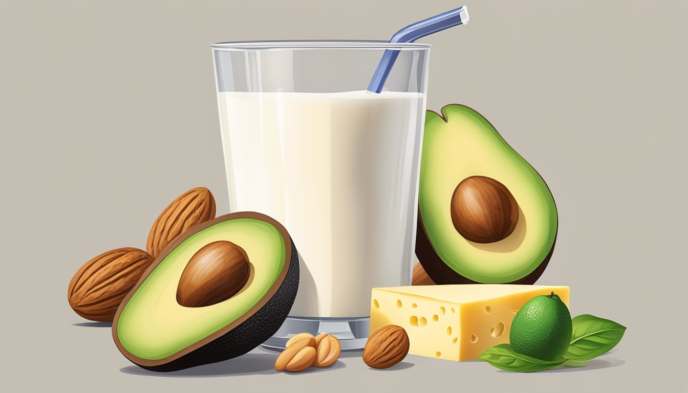 A glass of whole milk surrounded by nutrient-dense foods like nuts, avocado, and cheese, with a measuring tape showing gradual weight gain