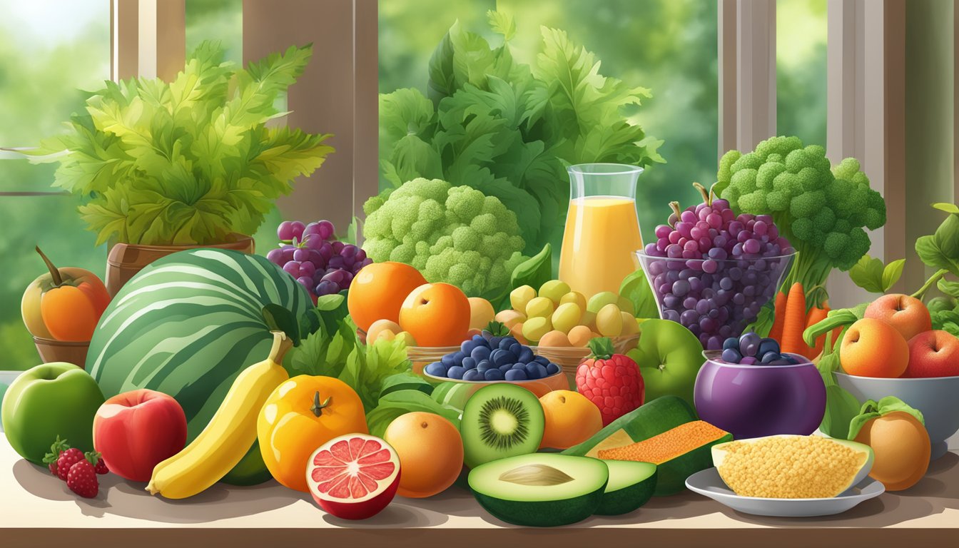 A colorful array of fruits, vegetables, whole grains, and lean proteins arranged on a table, surrounded by vibrant greenery and natural light