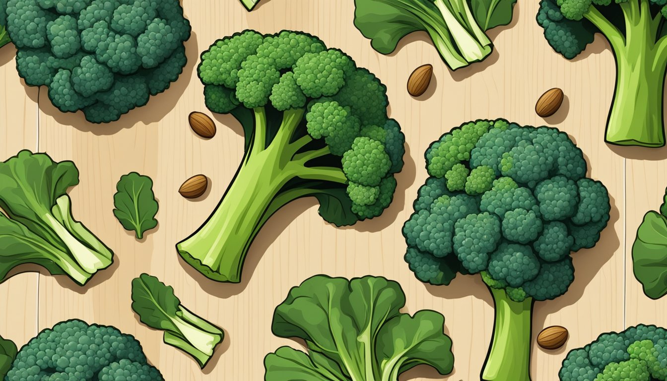 A colorful array of broccoli, spinach, and nuts on a wooden cutting board