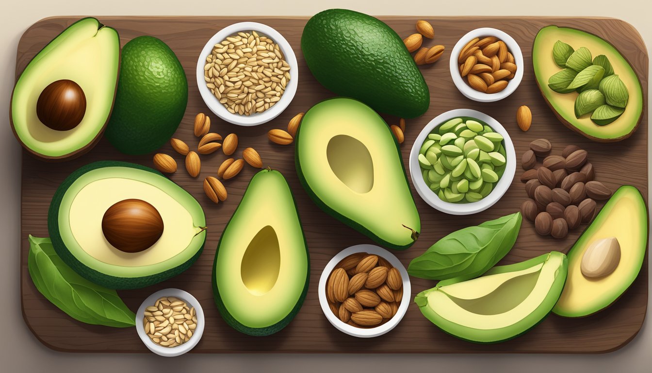 A colorful array of nutrient-dense foods, such as avocados, nuts, seeds, and lean proteins, displayed on a wooden cutting board