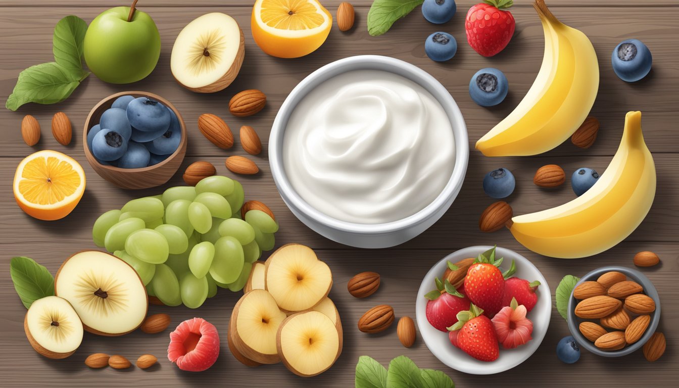 A variety of nutrient-rich foods, including yogurt, nuts, and fruits, arranged on a wooden table