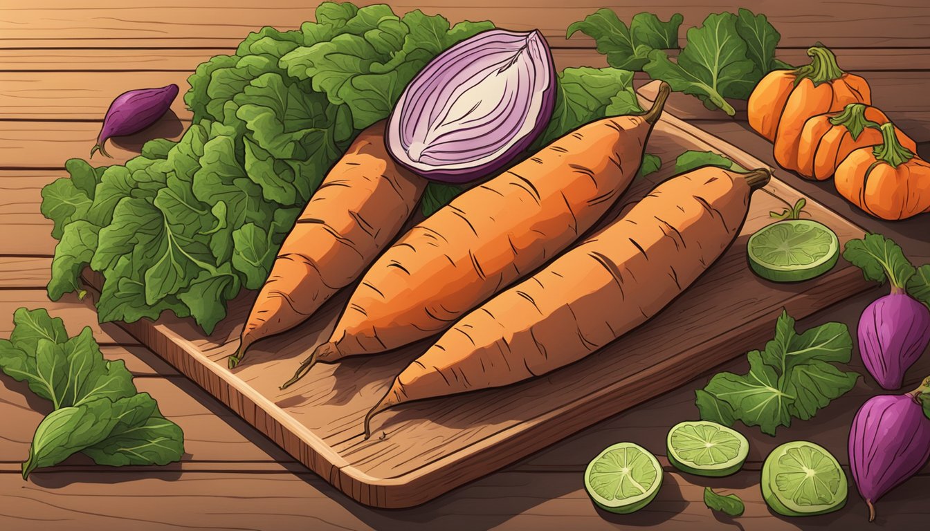 A colorful array of sweet potatoes arranged on a wooden cutting board, surrounded by vibrant green leafy vegetables and other fresh produce