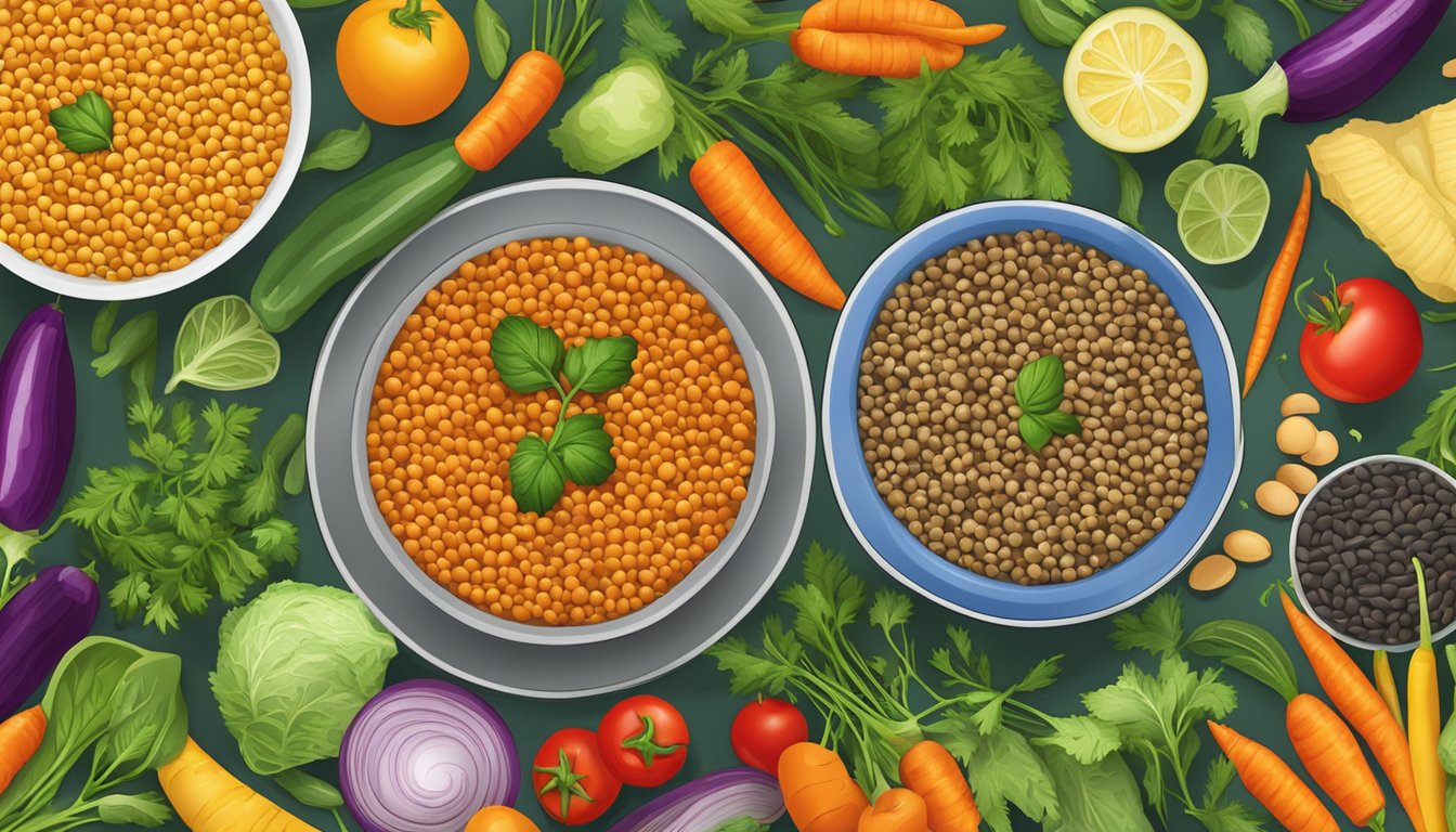 A bowl of lentils surrounded by colorful vegetables and herbs