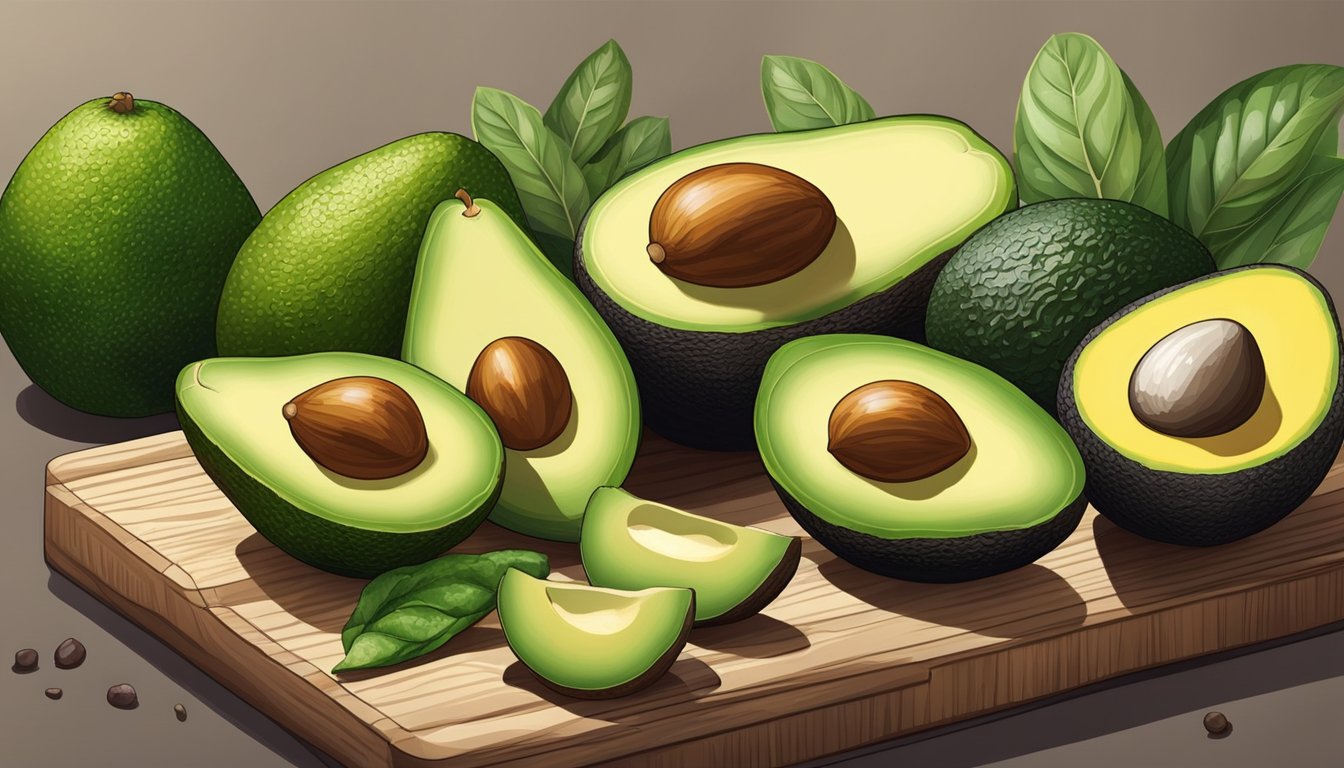 A colorful array of ripe avocados, surrounded by other nutrient-dense foods, displayed on a wooden cutting board