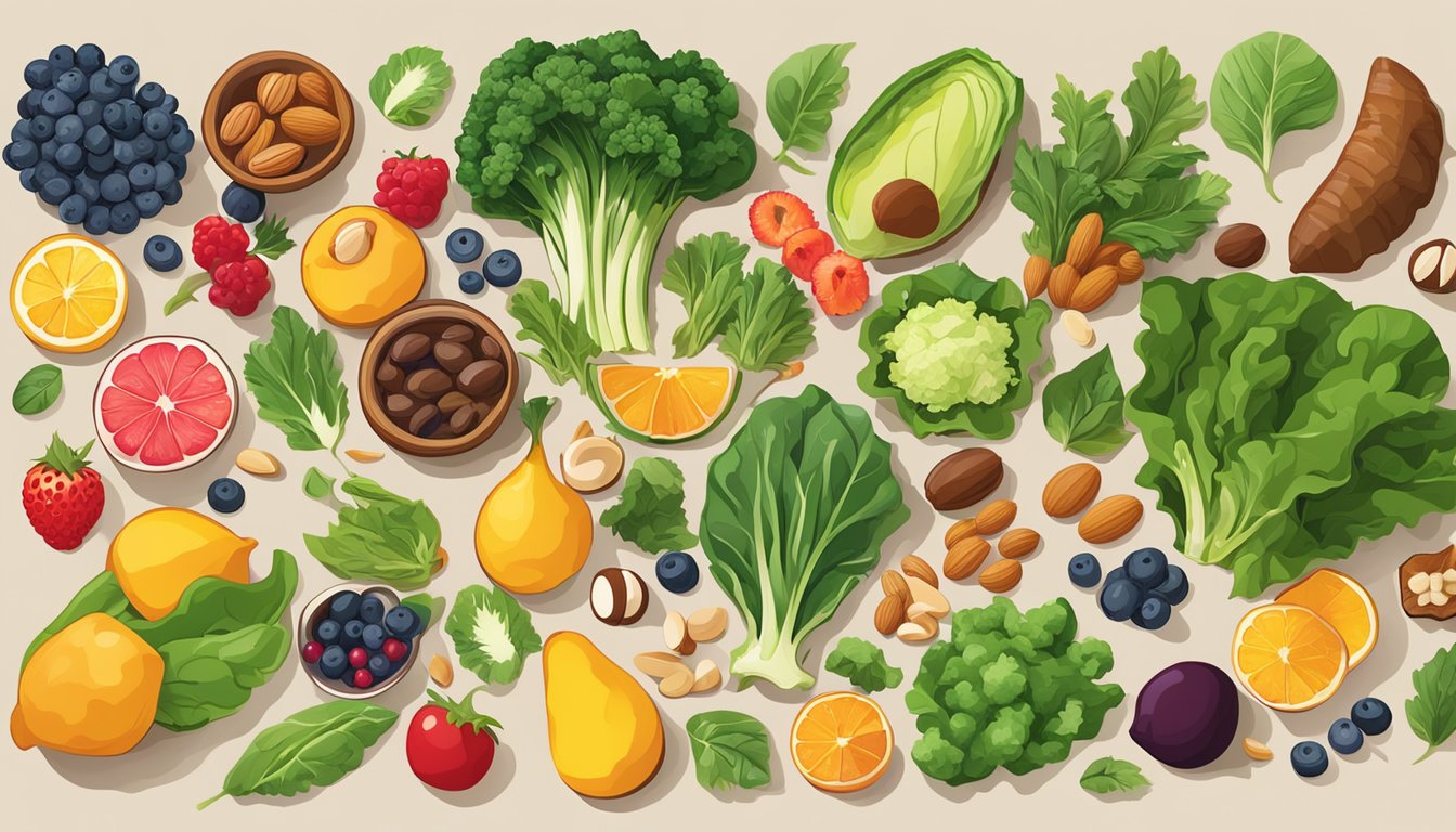 A colorful array of nutrient-rich foods like leafy greens, fish, nuts, and berries arranged on a table