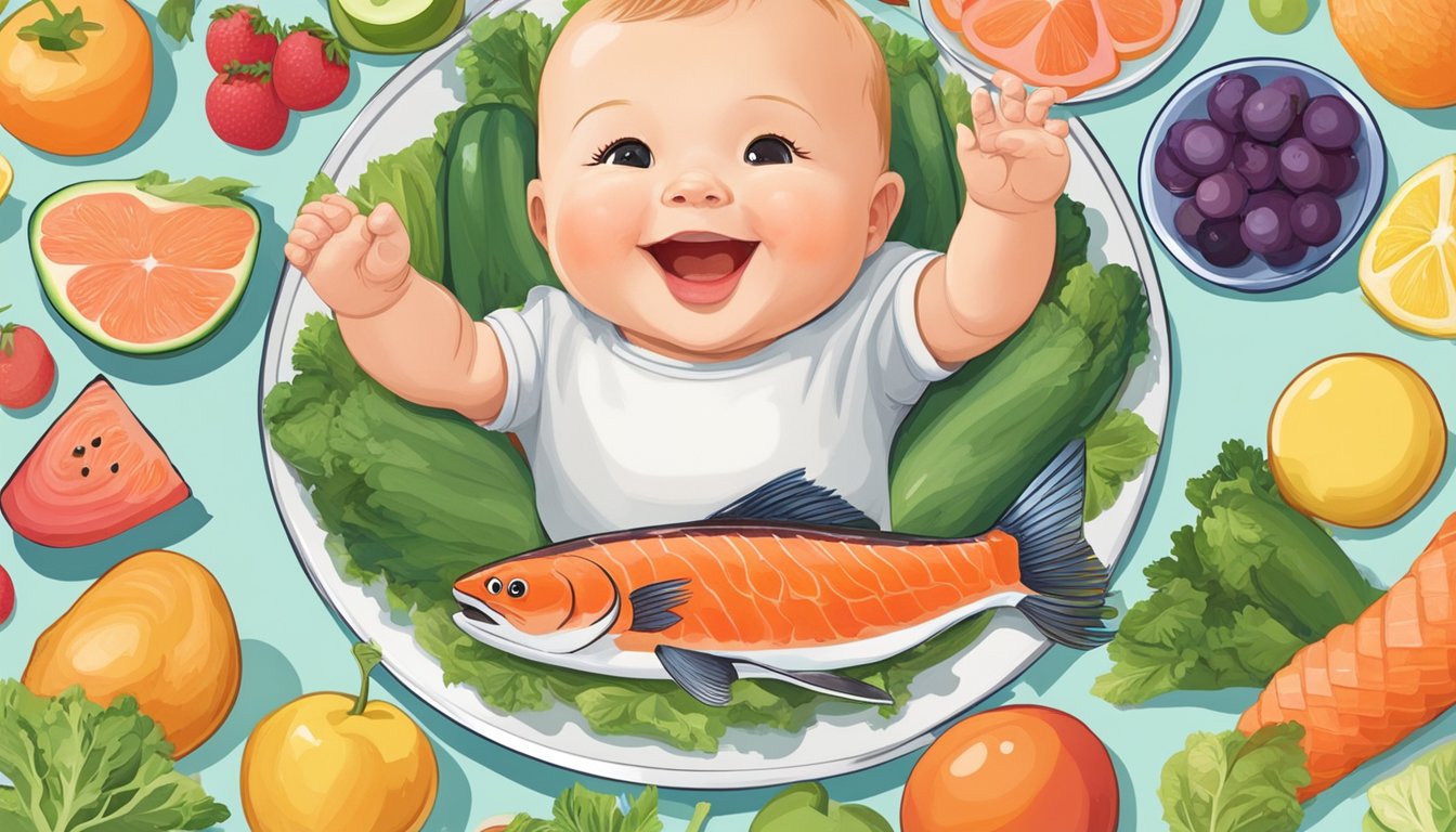 A plate of salmon, surrounded by colorful fruits and vegetables, sits on a high chair tray. A smiling baby reaches out eagerly