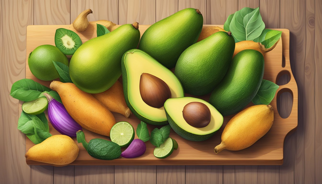 A colorful array of ripe avocados, bananas, and sweet potatoes arranged on a wooden cutting board, surrounded by a variety of fresh fruits and vegetables