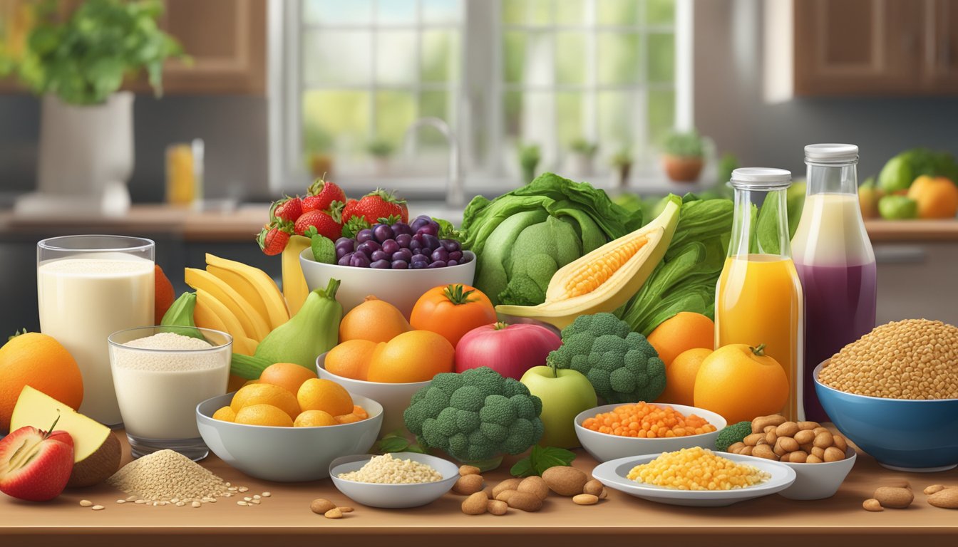 A colorful array of nutrient-rich foods arranged on a table, including fruits, vegetables, dairy, and grains, with a bright and inviting atmosphere