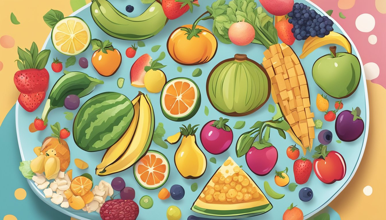 A colorful array of fruits, vegetables, and whole grains arranged on a child-friendly plate, surrounded by happy, playful animal characters