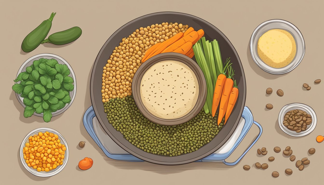 A bowl of cooked lentils surrounded by colorful vegetables and a measuring scale