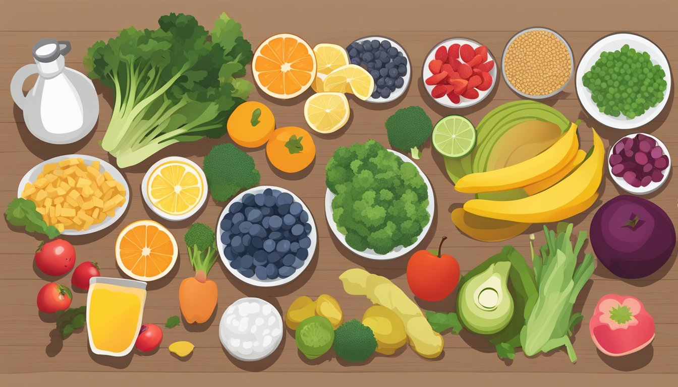 A colorful array of nutrient-dense foods arranged on a table, including fruits, vegetables, lean proteins, and whole grains