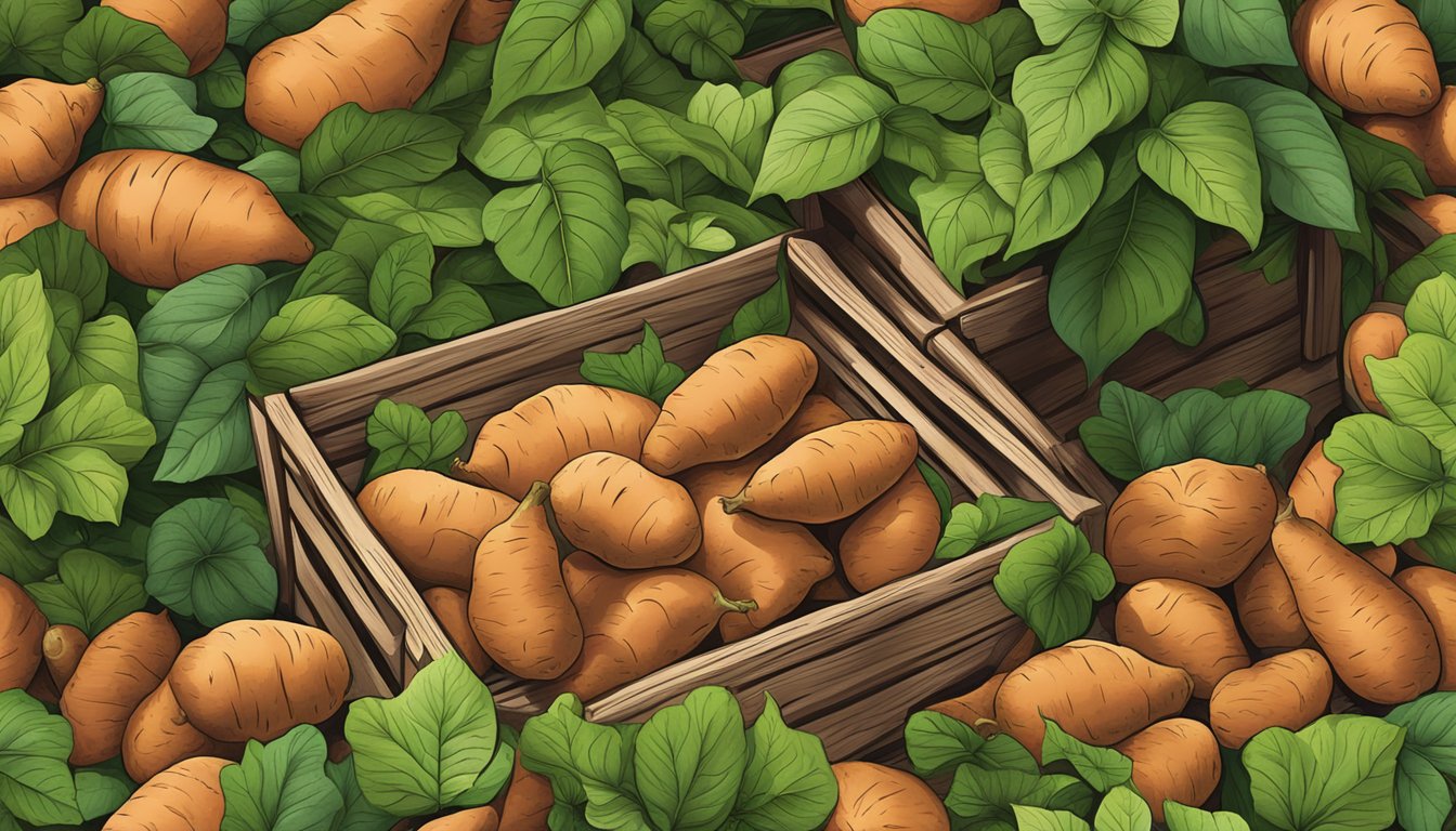 A bountiful harvest of sweet potatoes, overflowing from a rustic wooden crate, surrounded by vibrant green leaves and tendrils